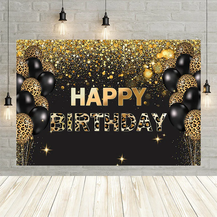 Avezano sfondo della festa di compleanno in oro nero per la fotografia palloncini leopardati Bokeh Dots Banner sfondo Photo Studio Photophone
