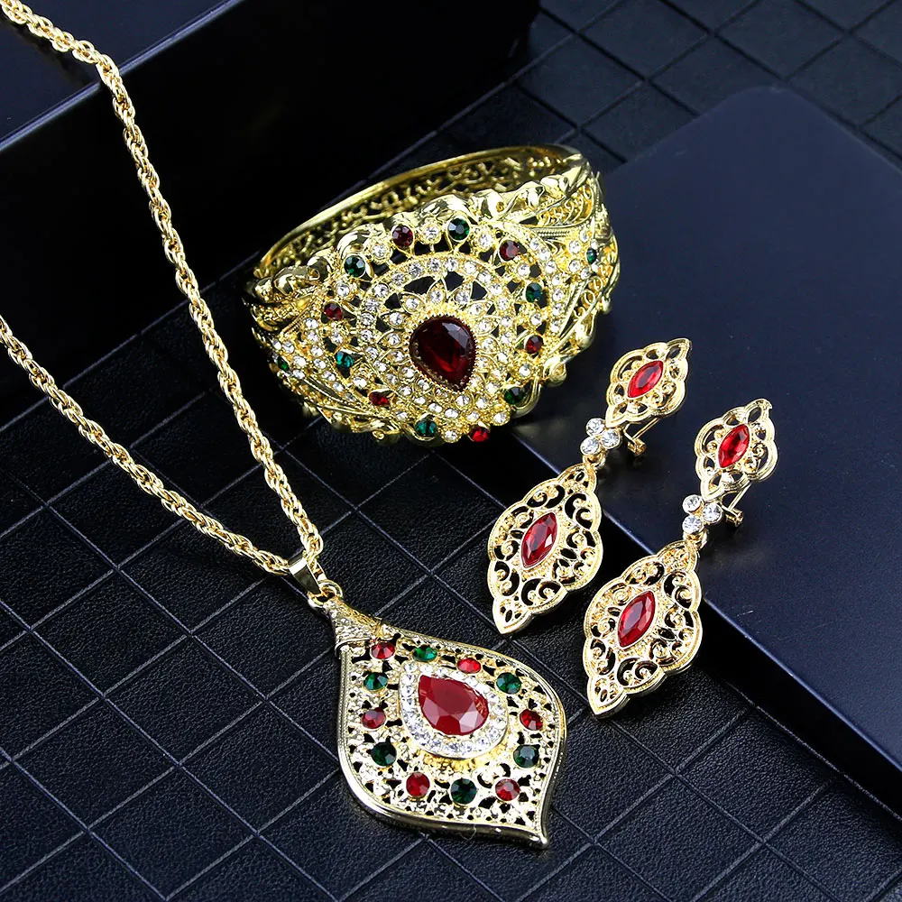 Sunspicems Fashion Morocco Flower Wedding Jewelry Set for Women Gold Color Earring Necklace Bangle Afrian Bride Accessories 2021