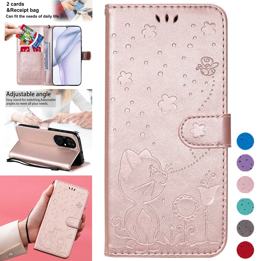 Cat Bee Flip Wallet Style Shatter-resistant Leather Case For Huawei P50 Pro P40/P30/P20 Lite/Pro P Smart 2020/2021 Mate 20 Lite