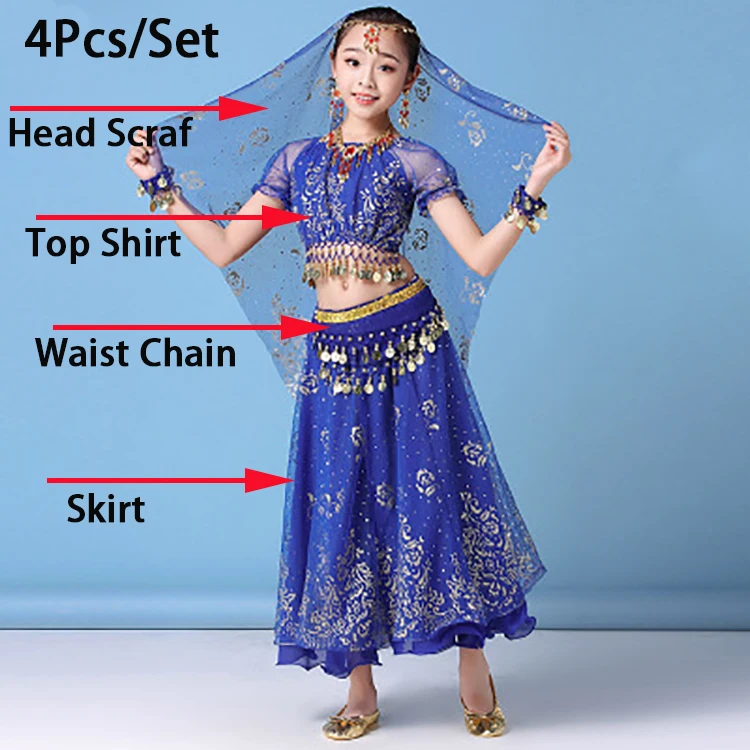 Children Indian Belly Dance Costume Girl Dress Bollywood Belly Dance 4Pcs/Set Performance Kids With Coins Accessories