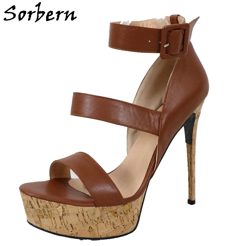 

Sorbern Deep Brown Women Sandals Cork Style Platform Thin Heel Summer Shoe Ankle Straps Buckles Big Size 42 Stilettos Sandals