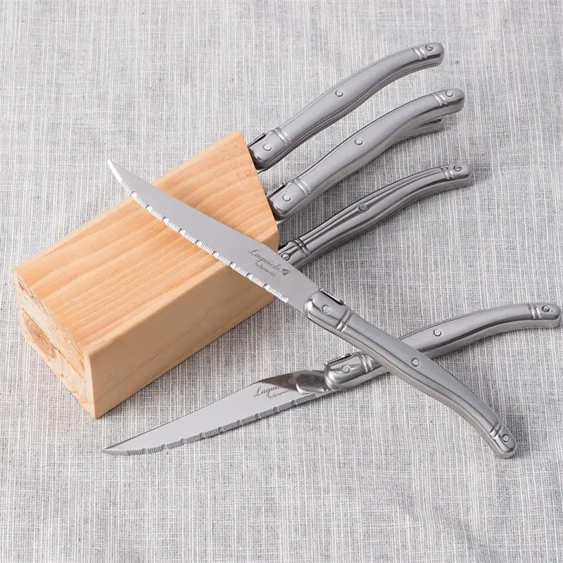 6pcs Laguiole Steak Knives in Beach Wood Base Stainless steel Knifes Silver Tableware Set Dinner Knives Kitchen Cutlery 9inch
