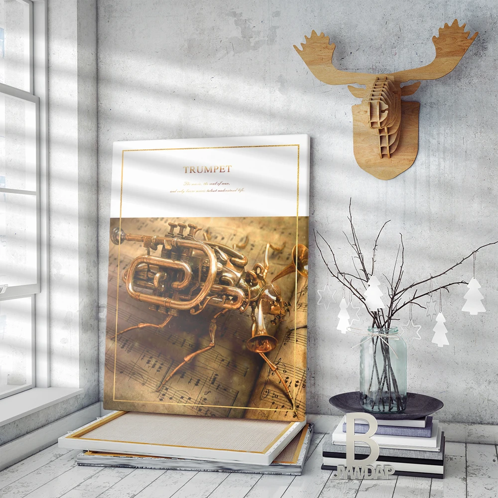 الحديثة الرجعية المعادن البوق الرسم على لوحات القماش الجدارية المشارك Vintage أداة عزف موسيقى لغرفة المعيشة ديكور المنزل هدية ملصق