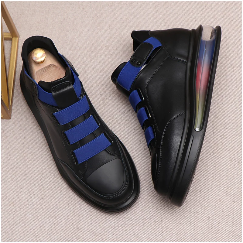 Korean style men's casual cow leather shoes air cushion sneakers high top platform shoe black white streetwear footwear zapatos