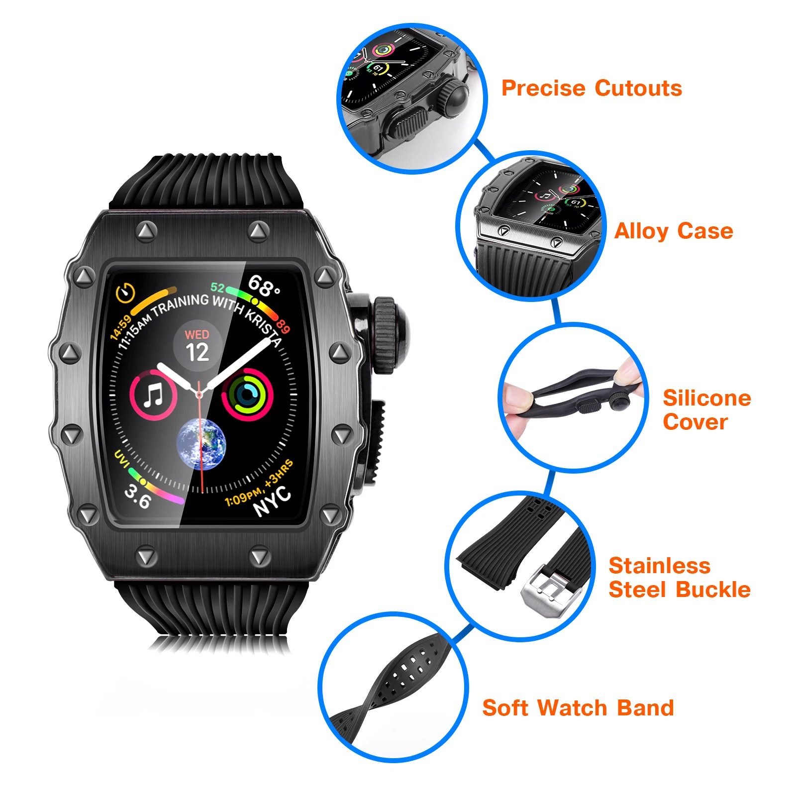 Metal Case for Apple Watch 8 7 Band 45mm Silicone Strap Protective Screen Protector Cover for iwatch Series 40 41 44 45mm Case