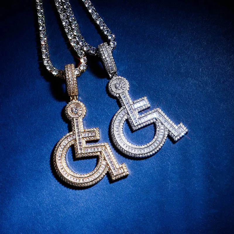 Hip Hop Micro Paved Cubic Zirconia Bling Iced Out Handicapped Sign Pendants Necklace for Men Rapper Jewelry Drop Shipping