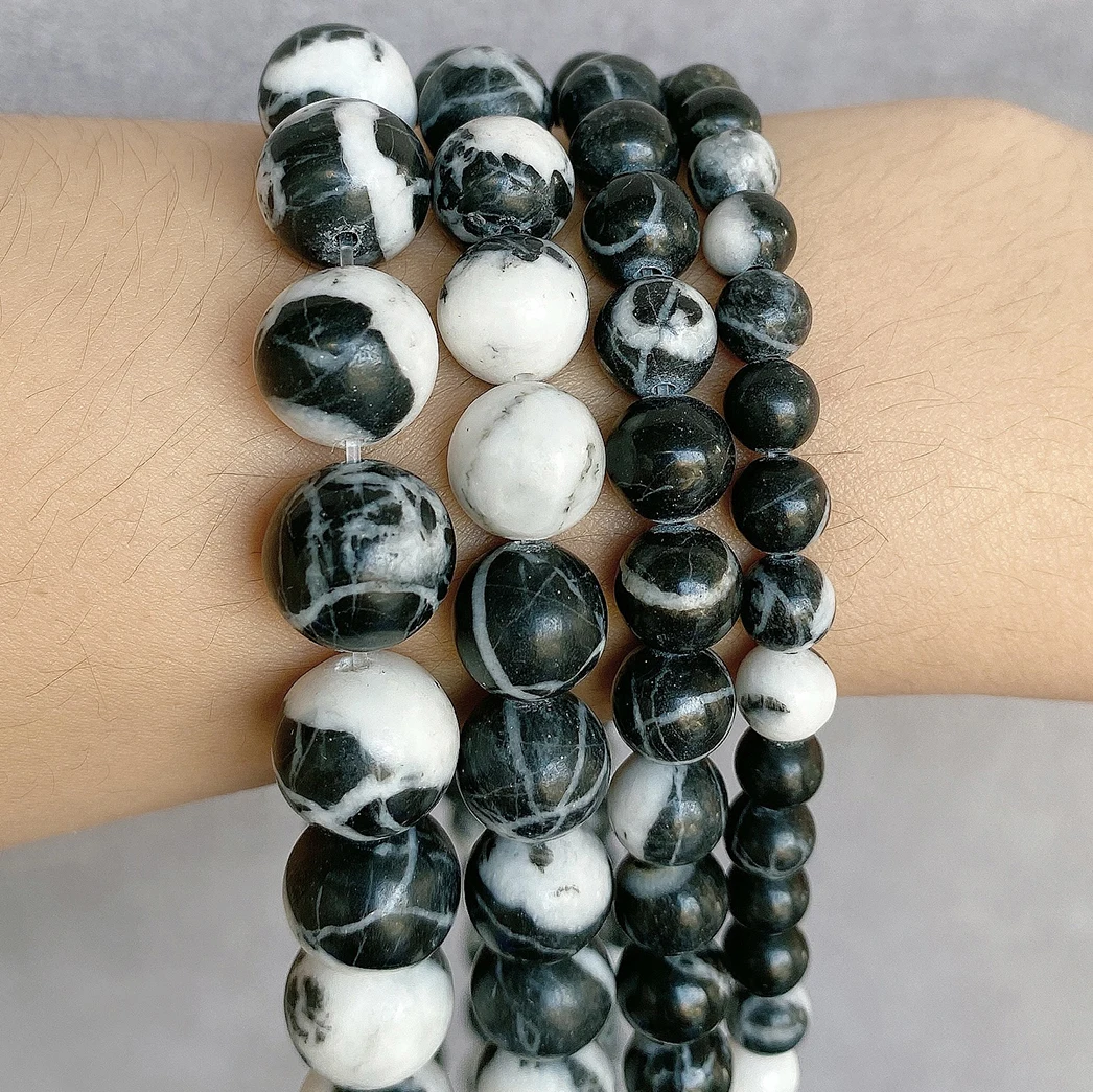 High Quality Natural Black And White Marble 4/6/8/10/12MM Round Loose Beads Unique Texture Is Suitable For Making Unique Jewelry