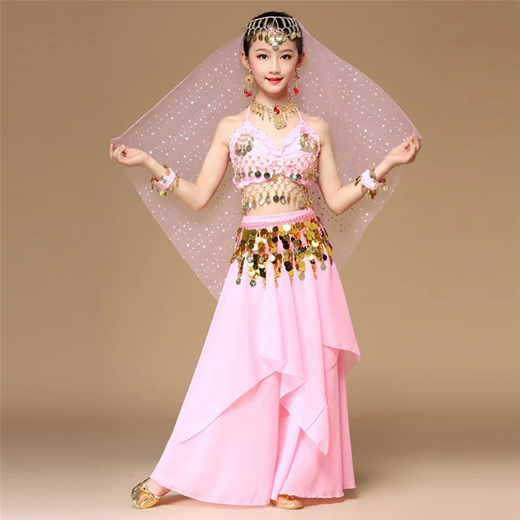 Fato de dança do ventre para crianças, estilo rosa, roupas de dançarino oriental, trajes de dança indiana 5 peças por conjunto