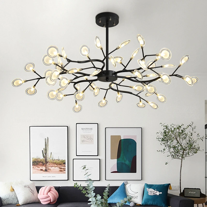 

Modern LED Firefly Chandelier Black Gold Glass Chandelier Lighting Tree Branch Pendant Lamp Retro Vintage Hanglamp For Home