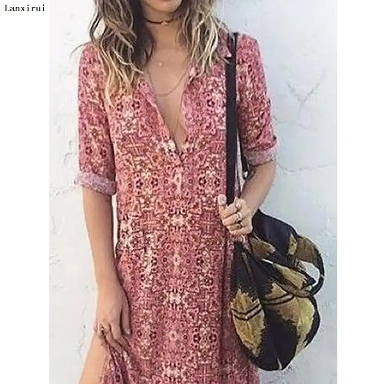 

Women Print Spring Boho Dresses New Half Sleeve V Neck Long Dress Party Beach Holiday Club Dresses Sundress