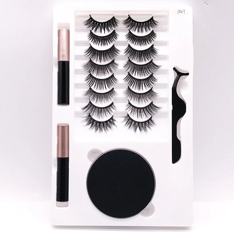 Magnetische eisen stein falsche wimpern, flüssigkeit eyeliner set mit runde box und pinzette freies von kleber