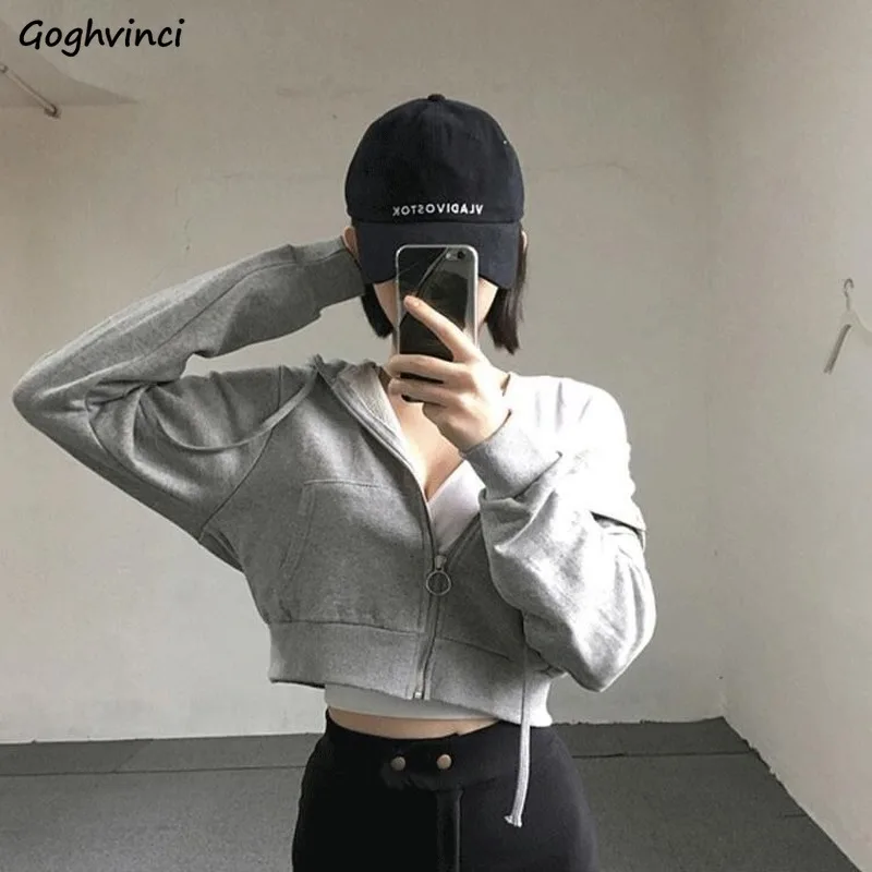 With Hat Hoodies Women Spring Crop Top Solid Zip-up Zippers Ins Simple Leisure Loose Womens Outwears Hooded Jogger Korean Daily