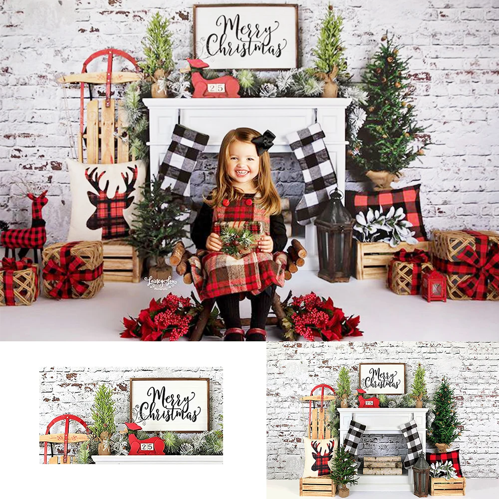 Christmas Photography Backdrop White Brick wall Green Gress Gift box Background Reindeer child Decor Banner