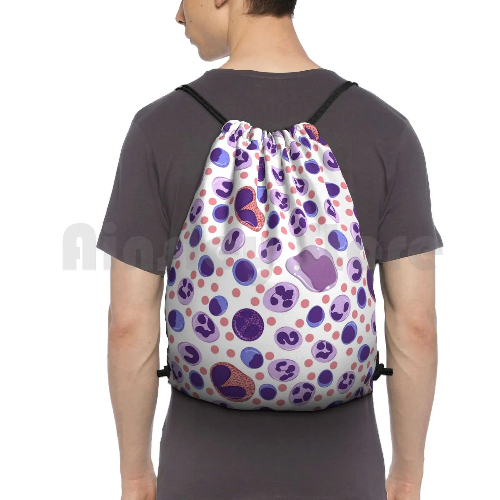 Large White Blood Cell Pattern Backpack Drawstring Bags Gym Bag Waterproof Lab Science Medicine Hematology Blood