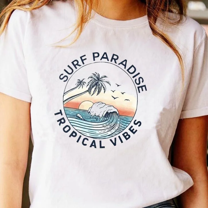 kuakuayu HJN Surf Paradise Tropical Vibes Graphic Tee Fashion Women T Womens Surf Wave Ocean Road Trip Printed Shirt