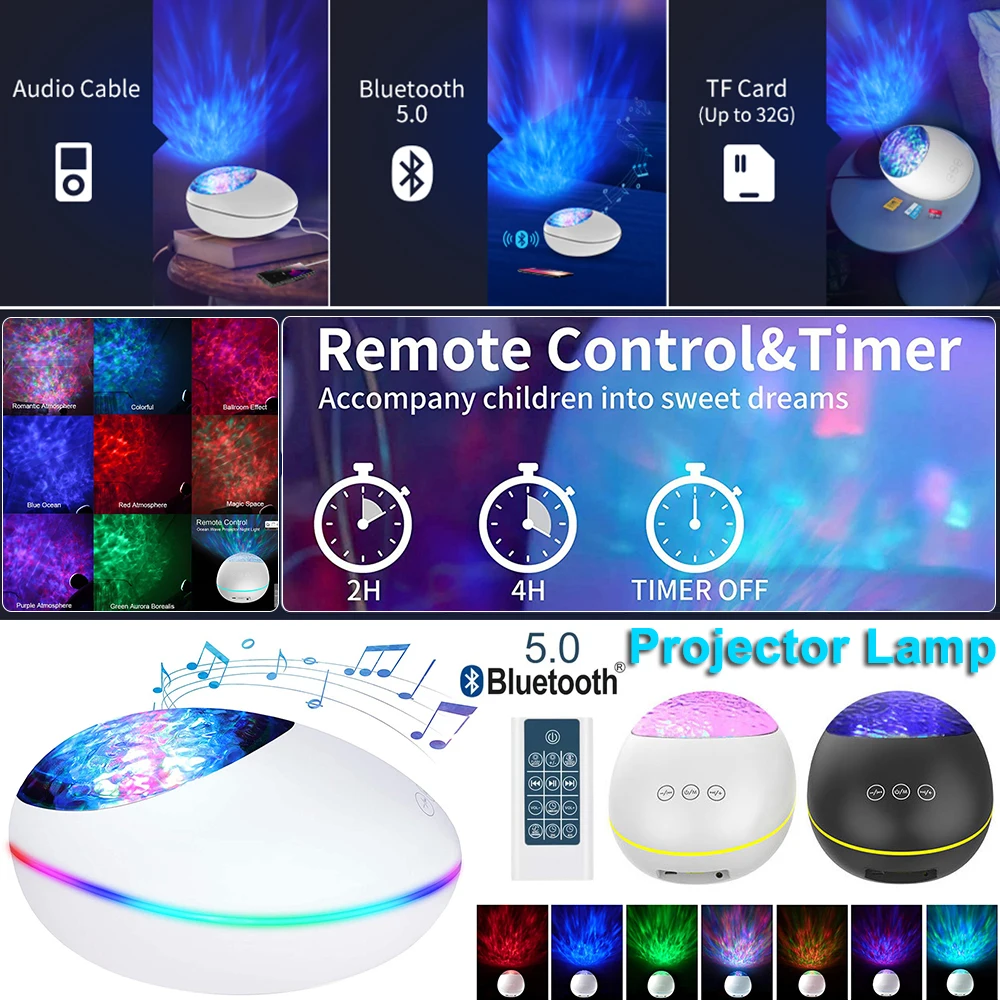 LED Ocean Wave Projector Night Lights 12LED Adjustable Lightness 7 Lighting Modes Bluetooth-compatible Music Speaker Night Light