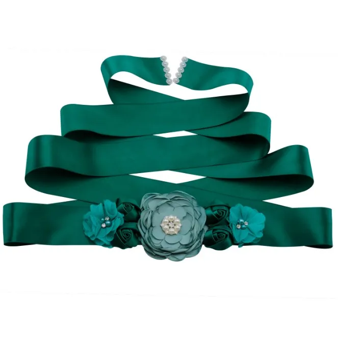 Cinturones de Cintura Verde Esmeralda melocotón para mujer, Cinta Larga, cinturón de flores, pretina nupcial de boda para niñas, accesorios de