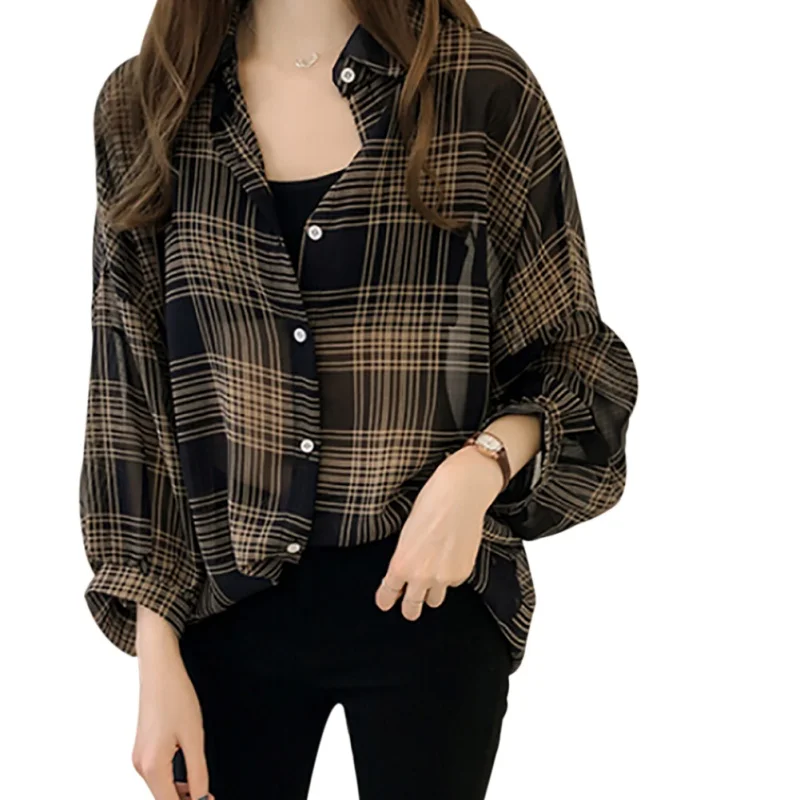 Women Plaid Turn Down Collar Shirt Autumn Loose Blouse Long Sleeve Button Down Tops