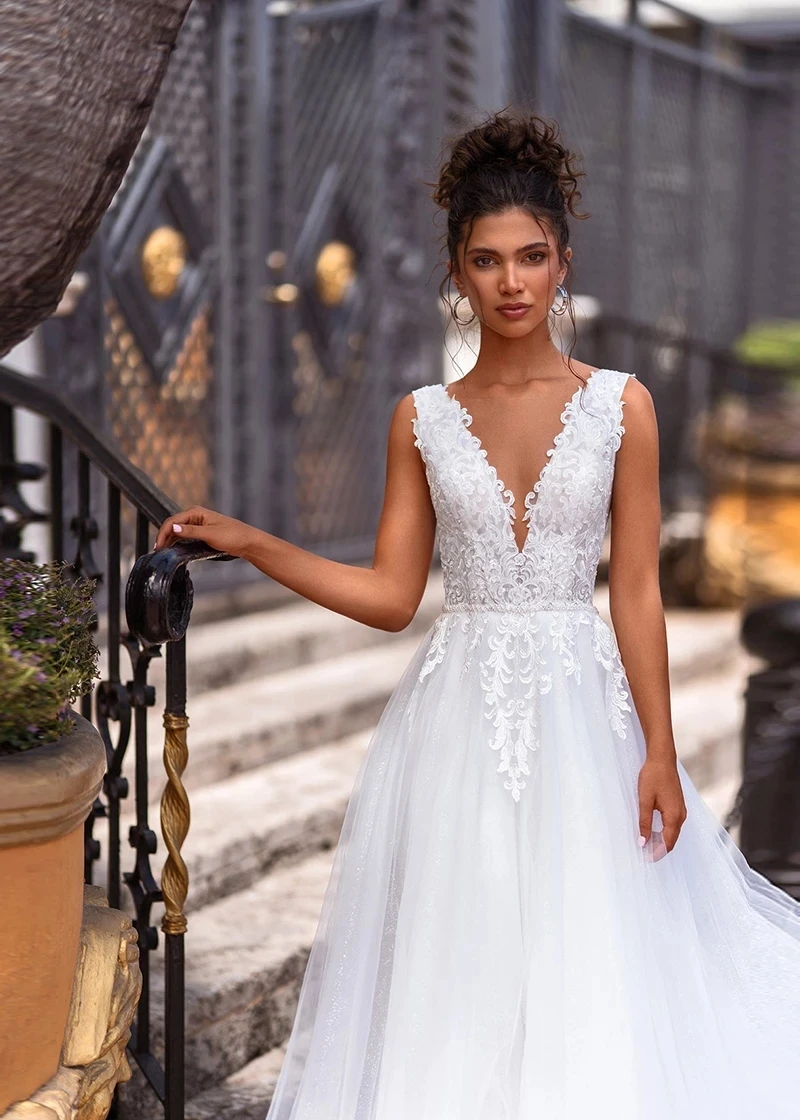 Magic Awn 2021-vestidos de novia con cuello en V, Apliques de encaje sin mangas, apliques de encaje, vestidos de novia de playa, espalda abierta, línea A personalizada