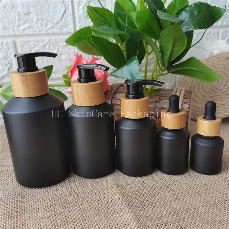 Sample Free Green frosted  Glass lotion bottle with Bamboo pump,cosmetic packing,cosmetic bottle,packing for liquid