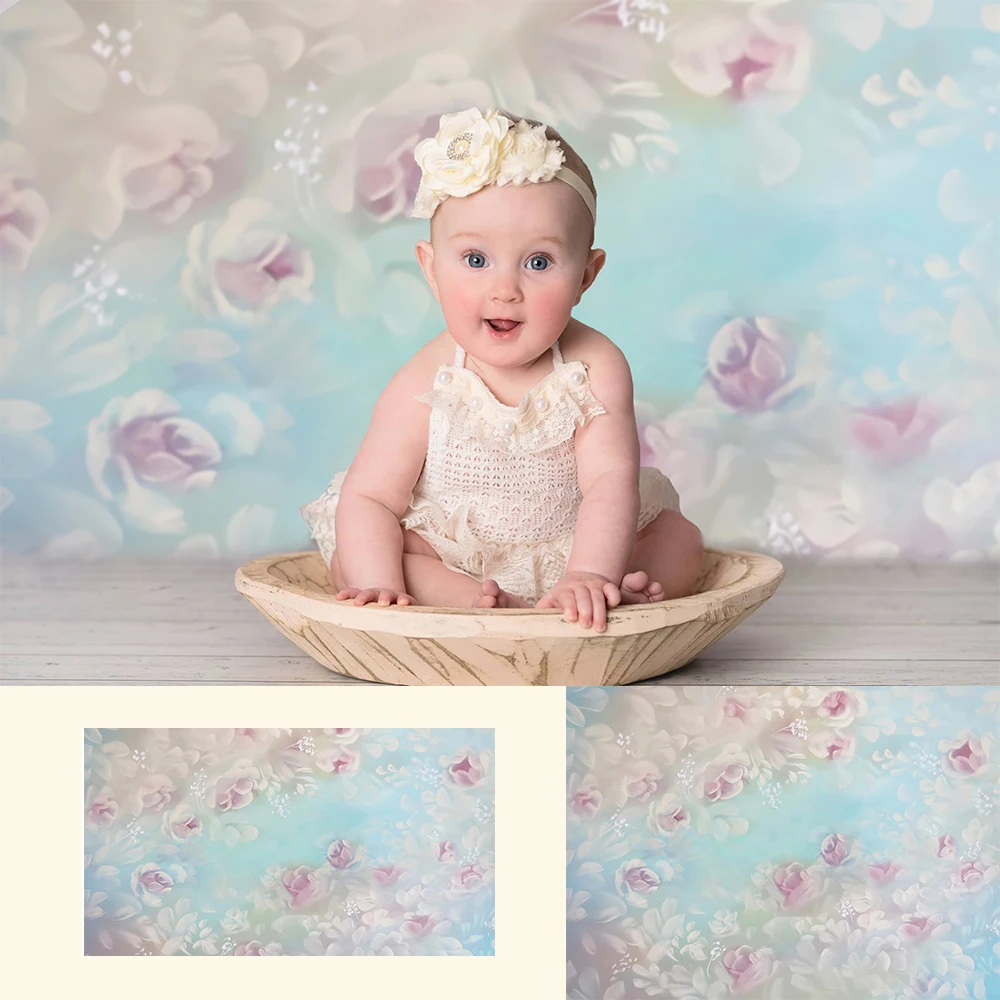 

Blue Floral-Newborn Portrait Photography Backdrop Hand Painted Printed Floral Background Toddler Kids Art Photo Studio Backdrop