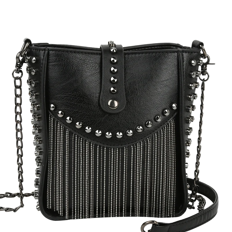 Punk Women Shoulder Bag PU Leather Handbag Fashion Black Crossbody Purse with Chain Tassel Famous Brand Luxury Designer Dmall