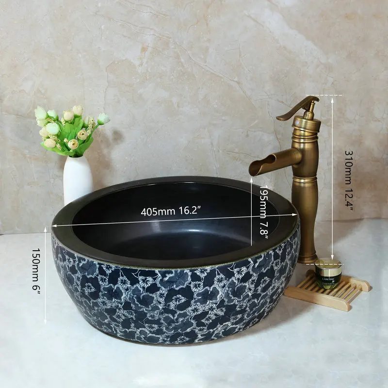 KEMAIDI  Ceramic Wash Basin Vessel Sink & Antique Brass Bathroom Faucet Art Sink Set Plated Golden Ceramic Basin Tap Set