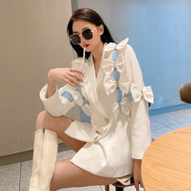 Blazer Fashion Women Autumn New Lady Bow White Suit Jacket Streetwear Single Breasted Party Full Sleeve Outerwear Female S-2XL