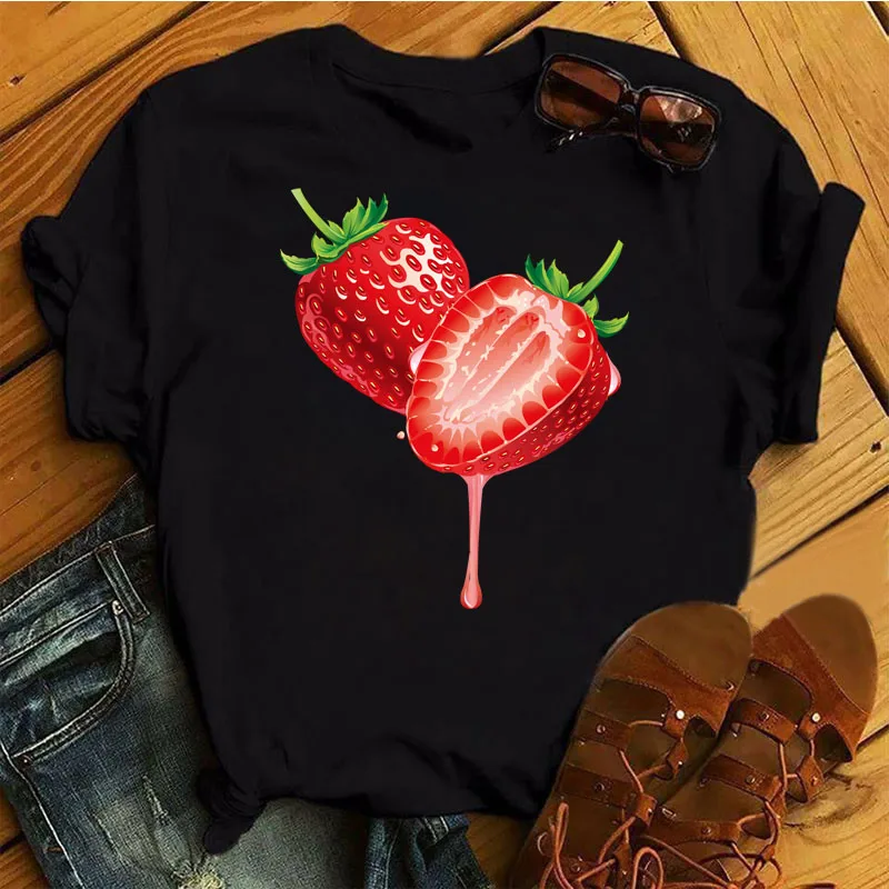 

Black Strawberry Pineapple Print T-shirt Women's Casual Cute Fruit Top Newest