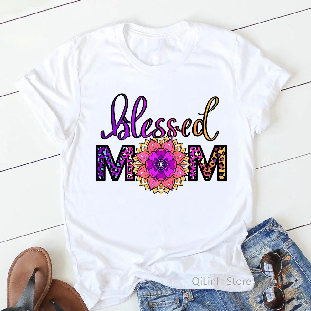 

Leopard Blessed Mom Flower Print Graphic Tees Women Cute Top Female Summer White T-Shirt Mothers Day Birthday Gift Present Tees