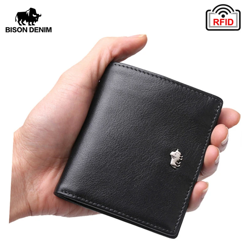 BISON DENIM Short Wallets Men Genuine Leather RFID Blocking Wallet Men Coin Pocket Card Holder Designer Purse Mini W9317