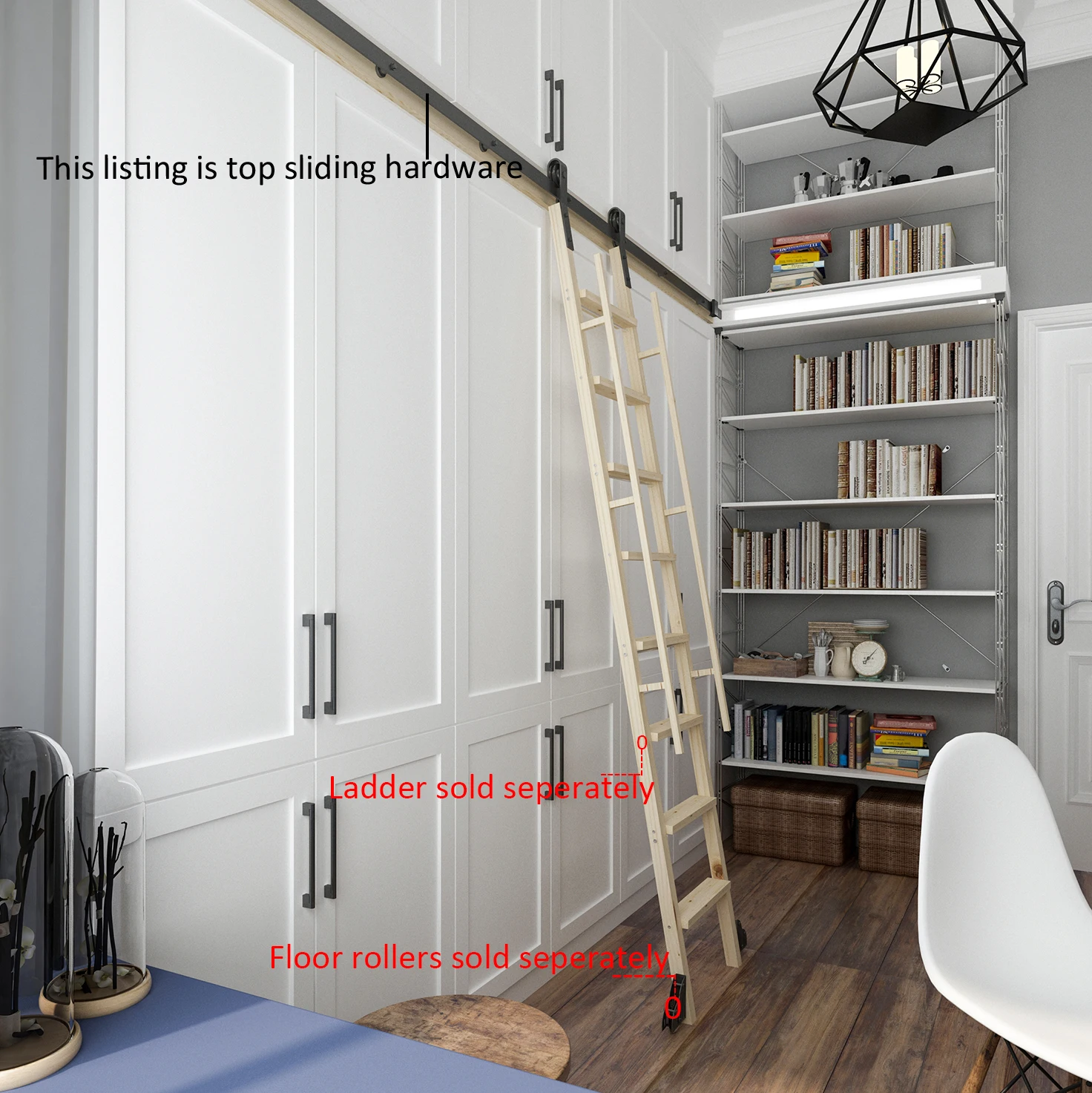 Home Office Library Ladder Rolling Hardware,Length 100cm,Black # XJW-LADDER