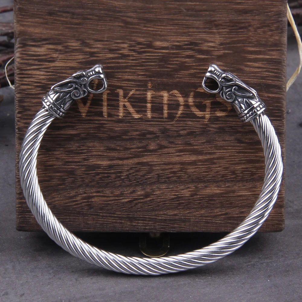 Stainless Steel Nordic Viking Norse Dragon Bracelet Men Wristband Cuff Bracelets with Viking Wooden Box view 4
