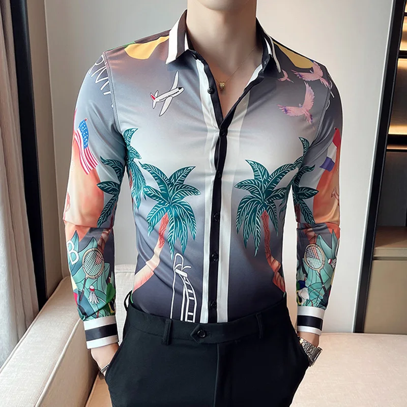 Men Long Sleeve Shirt Dress Casual Buttons Down Slim Fit Male Hawaiian Printed Shirts Blouse Club Prom Mens Korean Social Shirt