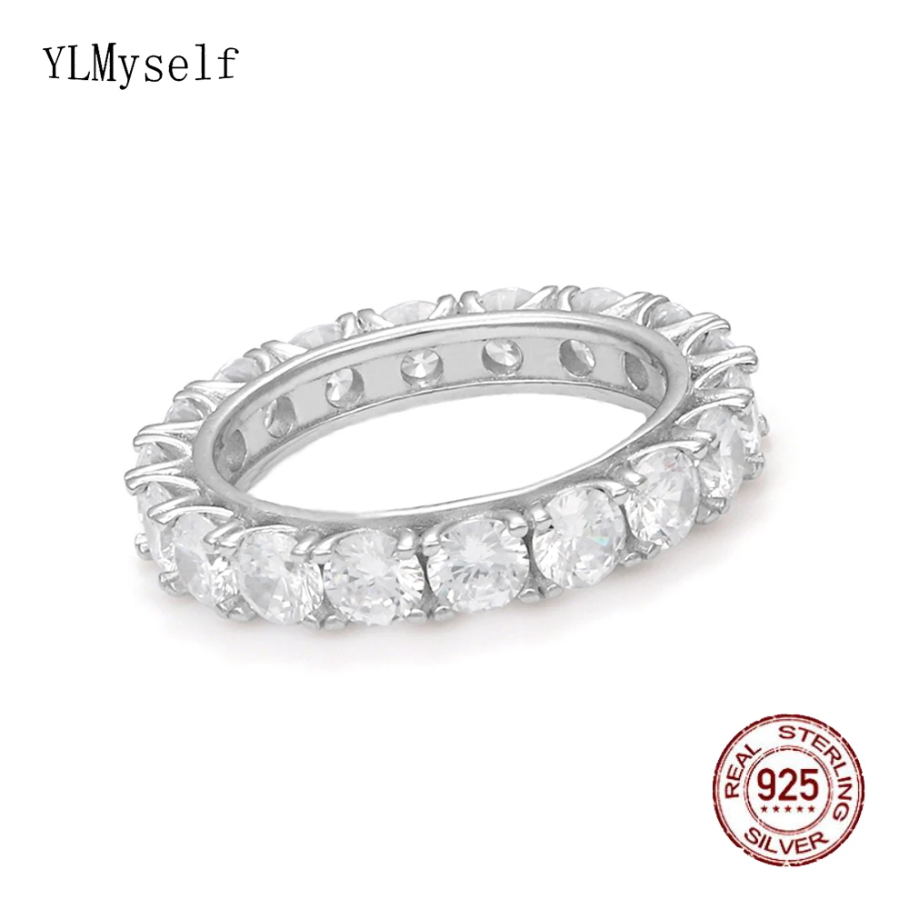 100% Real Silver Rings Size 6-9 Pave Shiny 4mm Round Cubic Zircon Jewelry Unisex Hip hop Rock 925 Fine Jewellry Eternity Ring