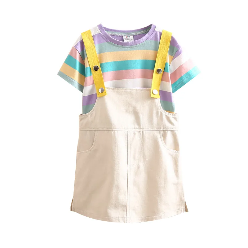 2024 Summer New 2 3 4 6 8 10 12 Years Baby Cotton Dress overalls+Short Sleeve Stripe T-shirt 2 Pcs School Kids Girl Clothing Set