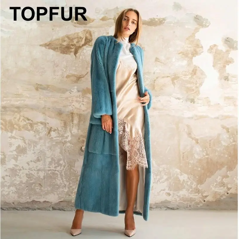 TOPFUR Genuine Blue Real Mink Fur Coat Women Winter Luxury Loose Belt Outertwear Temperament Fashion Real Fur Jacket Female