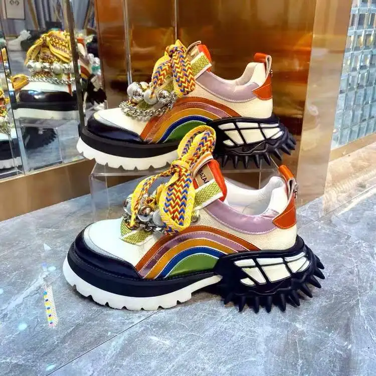 Women Shoes Spring Luxury Brand Fashion Designer Chunky Shoes Strange Heel High Thick Soled Sneakers Casual Chain Mixed Colours