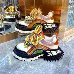 Women Shoes Spring Luxury Brand Fashion Designer Chunky Shoes Strange Heel High Thick Soled Sneakers Casual Chain Mixed Colours