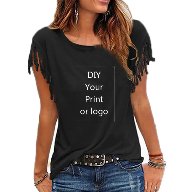 Individuelle Druck T Shirt für Frauen DIY Ihre Wie Foto oder Logo Top Baumwolle Quaste Kurzarm Oansatz Baumwolle T