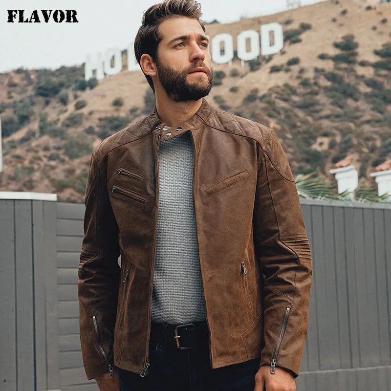 FLAVOR Men's Genuine Leather Motorcycle Jacket Men Winter Leather Coat Standing Collar