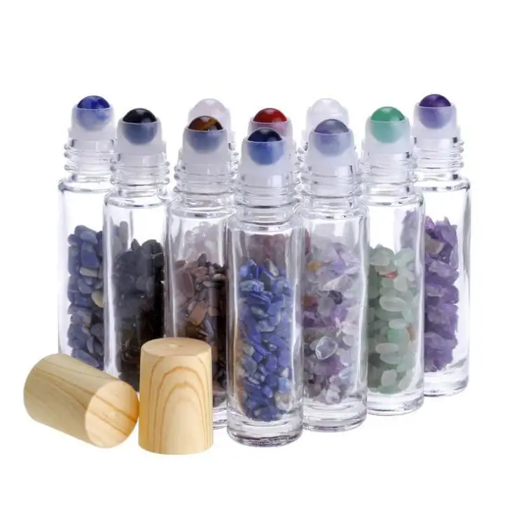 

10ml Clear Glass Roll On Perfume Bottles With Crushed Natural Crystal Quartz Stone,crystal Roller Ball Wood Grain Cap Wholesale