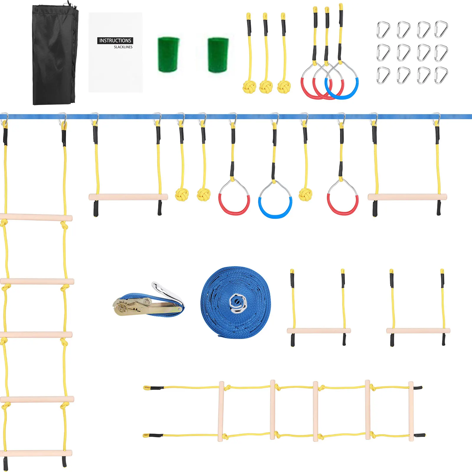 EU UK Stock 50FT Ninja Warrior Obstacle Course Training Equipment for Adult Kids Climbing Rope Ladder,Rope Ball & Hanging Stick