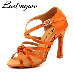 Ladingwu Bronze Silk Satin Latin Dance Shoes Olassic Four-band Knot Salsa Dance Shoes Ballroom Tango Dance Shoes