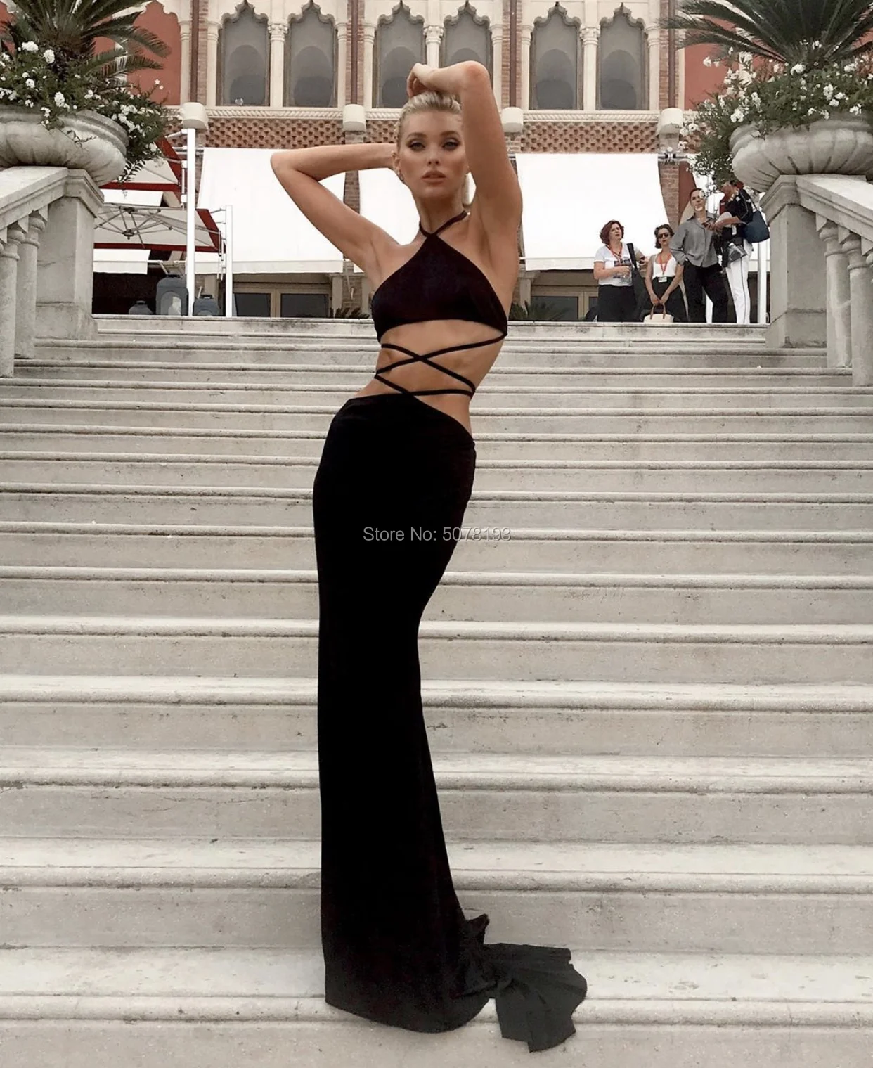 

912 Black Halter Backless Natural Mermaid/Trumpet Floor-Length Spandex Celebrity Dresses/Formal Gowns Venice Film Festival 2019