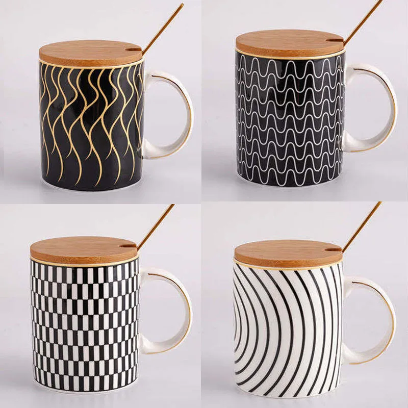 400ml Creative Geometric Design Couple Gift Mug With Wooden Lid And Stainless Steel Spoon Ceramic Breakfast Coffee Tea Cup
