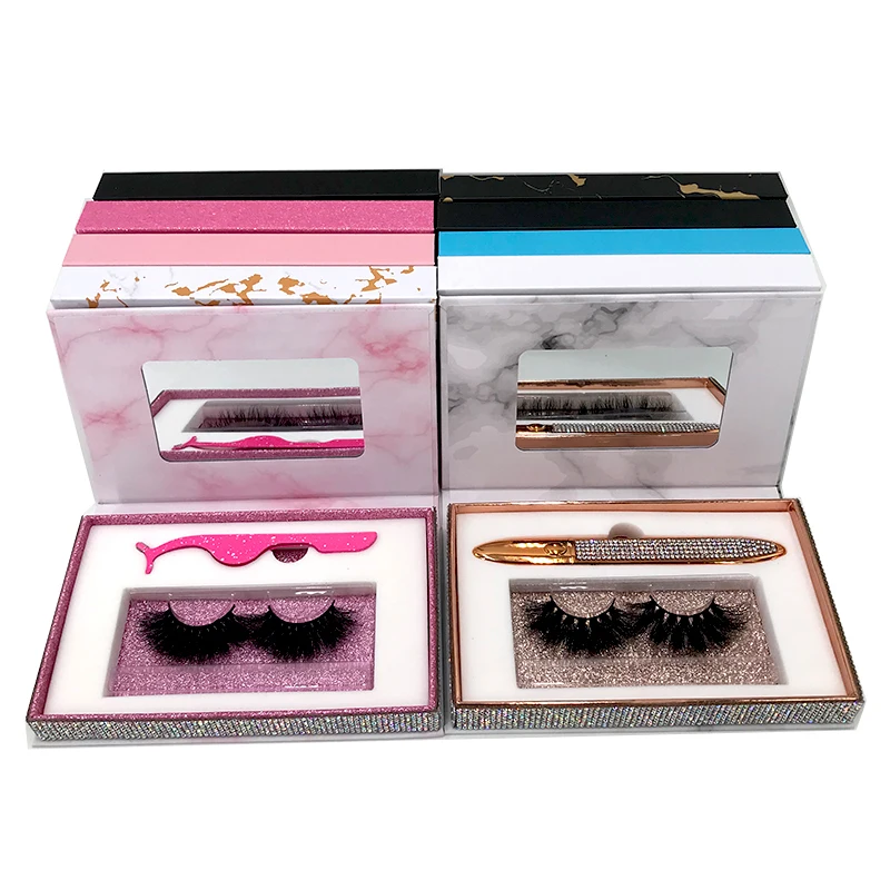 New Black Pink Marble Eyelash Boxes with 25mm Mink Eyelashes Eyeliner Glue Pen Custom Mink Lash Box