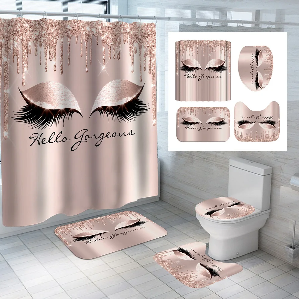 

3D девчачьи розовое золото, очаровательные занавески для ресниц, красивые занавески для душа, набор для ванной комнаты с 12 крючками, декор для ванной для взрослых и детей, домашний декор