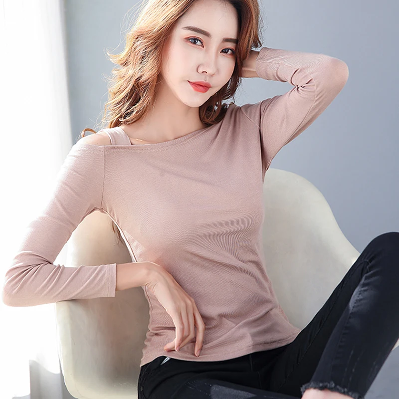 Lente Casual Katoenen T-shirt Vrouwen Koreaanse Lange Mouwen Slash Hals Slim Tshirt 6 Kleuren Off-Schouder Eenvoudige Klassieke Tee 13282