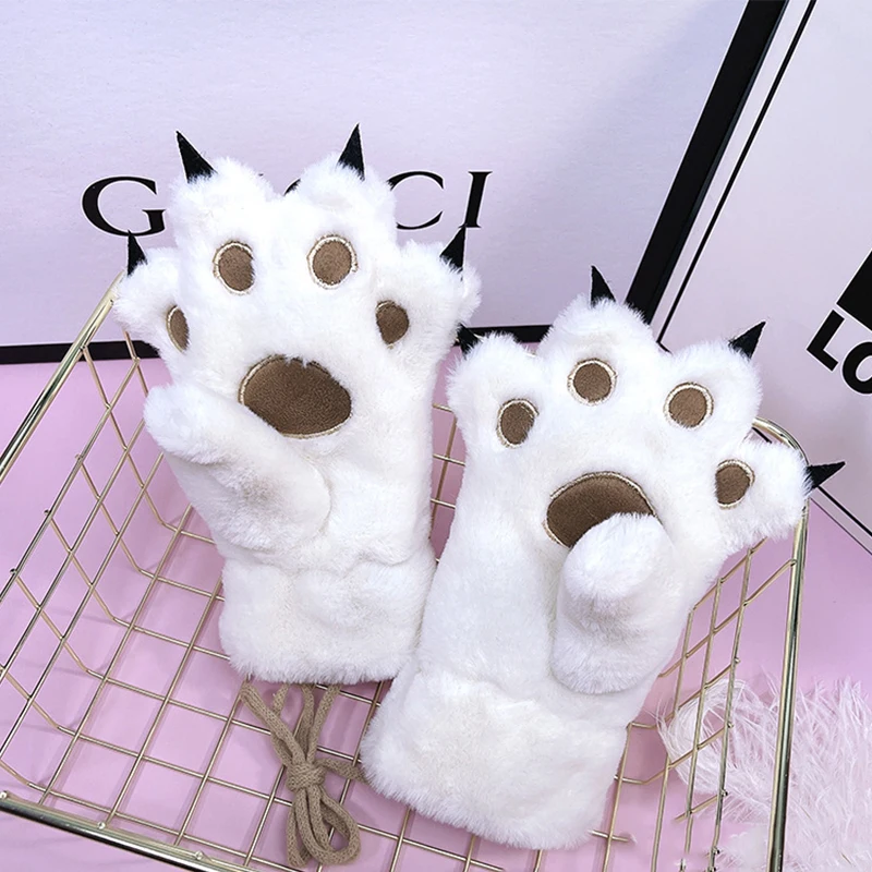Winter Cat Claw Design Women\'s Cosplay Gloves Warmth Lolita Girlish Accessories Thick Fuzzy Hanging Thread Cartoon Cute Gloves